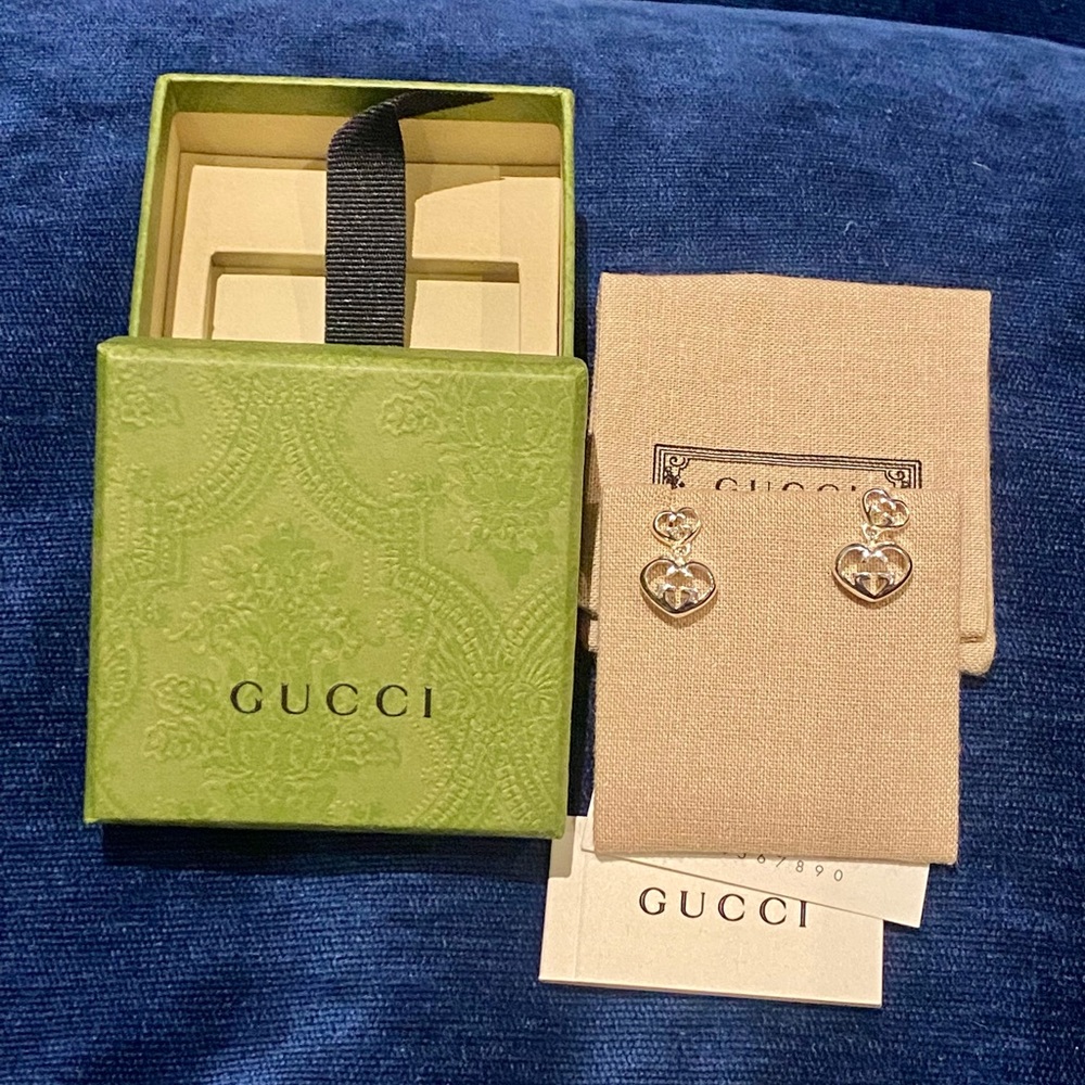 Gucci Love Britt Double Heart Drop Earrings Interlocking G Sterling Silver 925